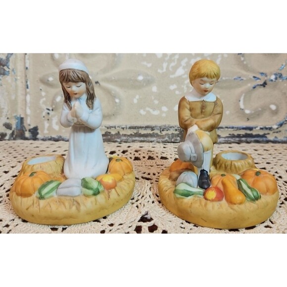 Pair of Vintage 1980's Brinn's Thanksgiving Boy Girl Pilgrims Candle Holders - Picture 7 of 10